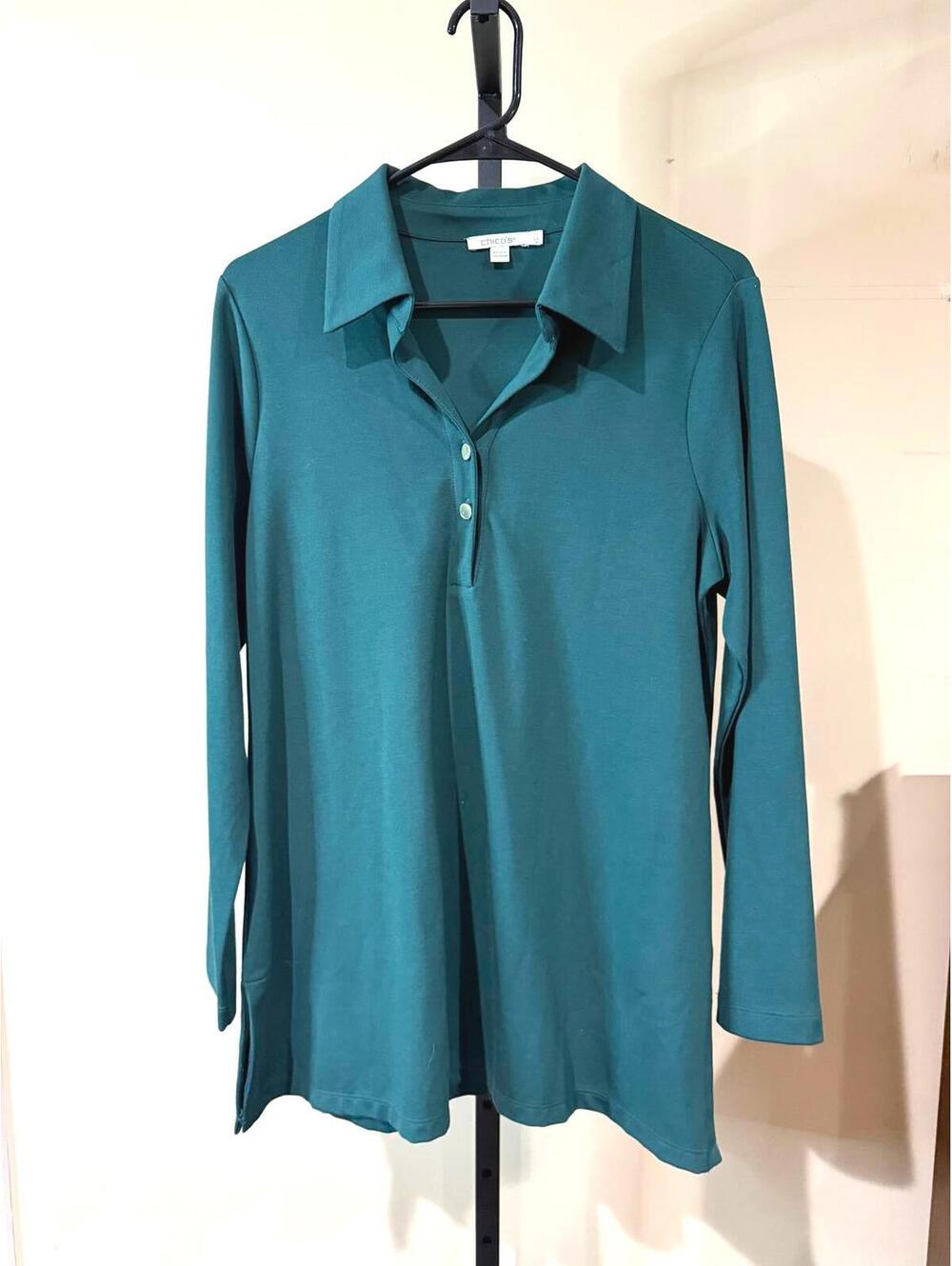 Chico's Size 1 Women's Long Sleeve Polo Shirt in Teal Tunic